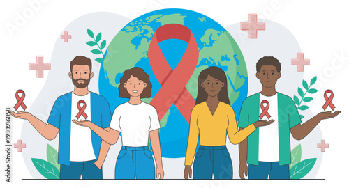 Diverse people holding red awareness ribbons stand together, symbolizing global solidarity for health, prevention, and support.