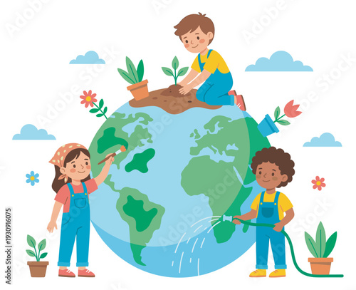 Cute children are planting, watering, and painting the Earth, symbolizing global environmental protection and sustainability.