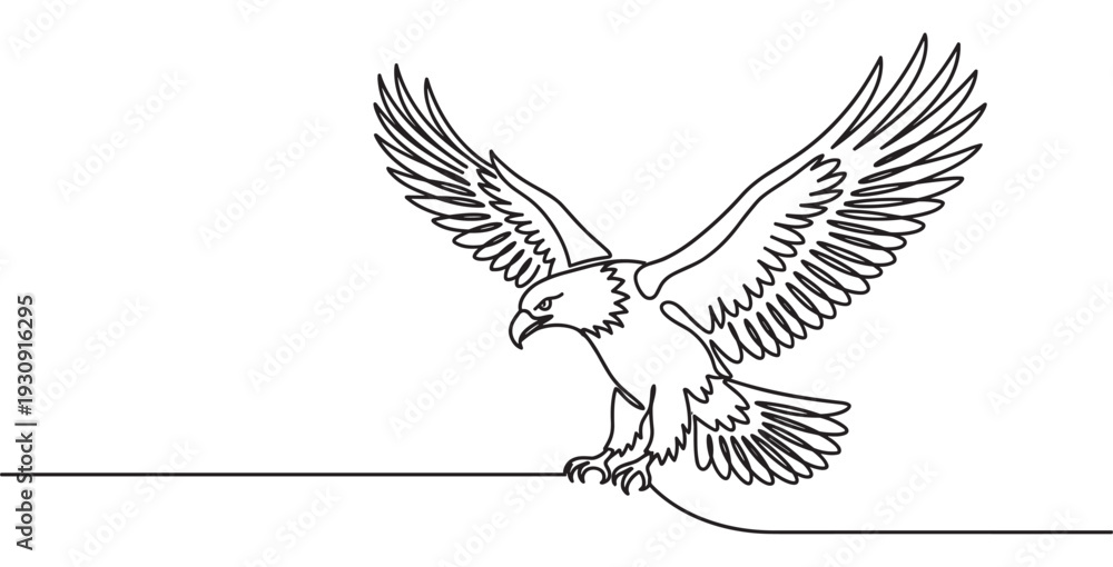 Fototapeta premium Graceful eagle with powerful wings spread wide, rendered in an elegant continuous single line art illustration.