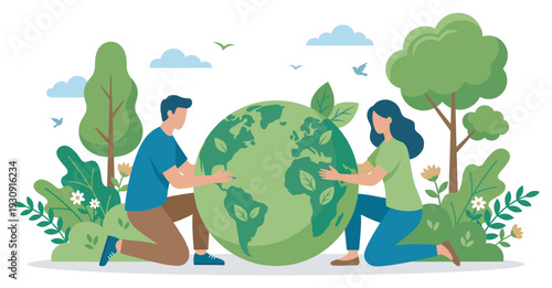 Man and woman gently holding a large green Earth globe, symbolizing global environmental care and sustainability efforts.