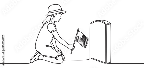 Young girl places American flag at a grave marker, honoring fallen heroes with a patriotic gesture, drawn in a continuous line art style.