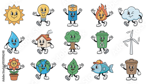 Retro cartoon environmental and energy characters cheerfully illustrate various concepts related to sustainability and natural resources in a playful style.