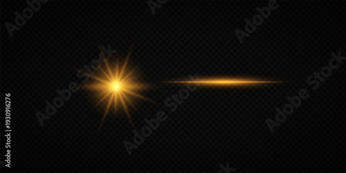 Glowing Golden Star Light Effect with Sparkle Rays and Lens Flare Illumination on Transparent Background