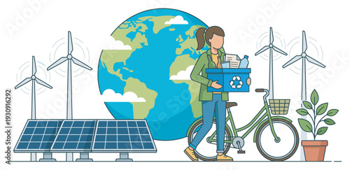 Woman recycling, green energy, and earth protection for a sustainable future, promoting eco-friendly living and renewable power sources.