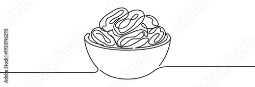 Delicious dates in a bowl, depicted with a continuous single line art style illustration, symbolizing healthy eating and traditional treats.