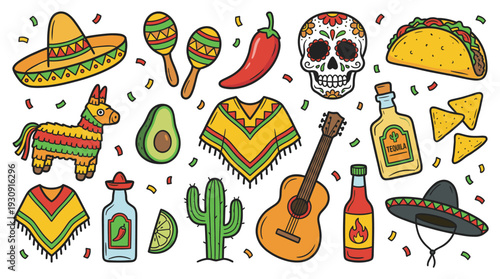 Traditional Mexican celebration elements and festive objects are scattered across a vibrant collection of cultural symbols and delicious food.