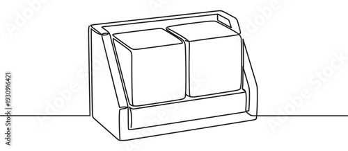 Continuous line drawing of a minimalist two-compartment desktop organizer for business cards or small items, presented in a clean, modern artistic style.
