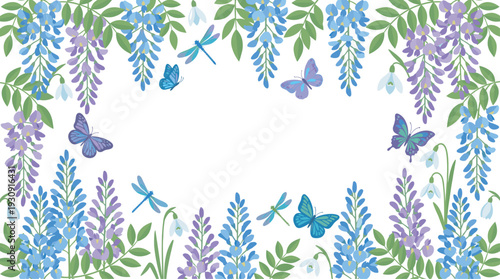 Beautiful floral border with butterflies and dragonflies creating a charming spring frame featuring blooming wisteria and delicate snowdrops.