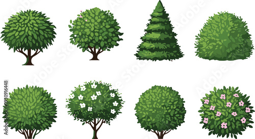Collection of tree and bush illustrations, botanical foliage patterns, flowering plants, landscape design elements, nature greenery icons