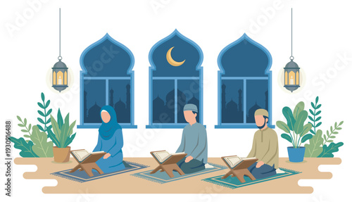 Muslim people reading holy book together during a peaceful evening prayer session at home, celebrating religious devotion and spiritual reflection.