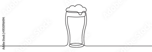 Beer glass continuous line drawing illustration with a foamy head representing a refreshing alcoholic beverage concept.