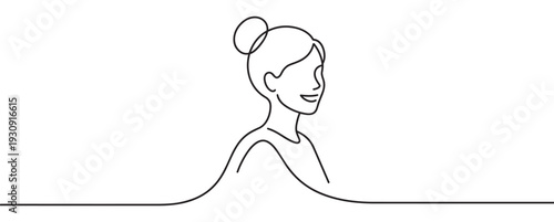Continuous line drawing woman smiling profile illustration showcasing a minimalist aesthetic and elegant simplicity.