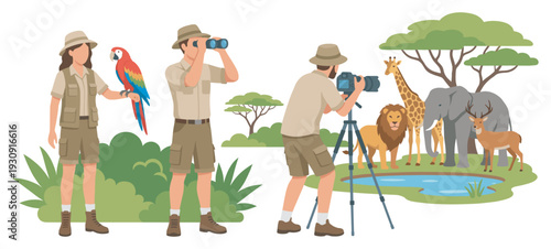 Safari people enjoying wildlife photography and observation during an adventurous nature exploration trip with diverse animals.