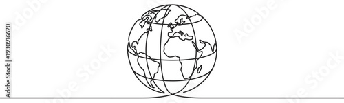 Continuous line drawing of a globe showing world map with continents and meridians, symbolizing global connection and unity.
