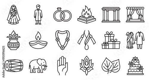 Traditional Indian wedding icons collection illustrating various essential elements of Hindu marriage rituals and celebrations.