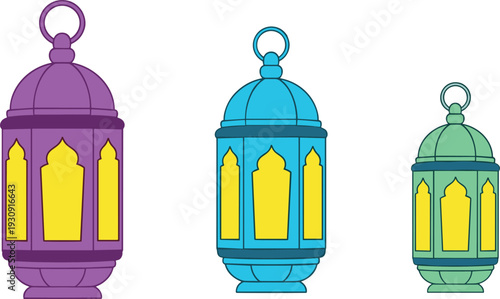 Colorful Ramadan lanterns, Islamic festive decor, Muslim culture, vibrant celebration, holy month, spiritual tradition, religious icons, festival lights