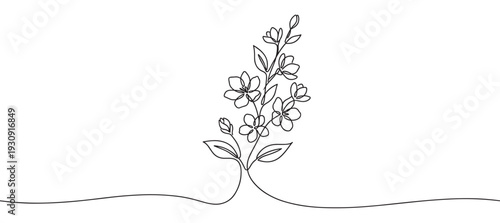 Continuous line drawing floral branch with delicate blossoms and leaves creating an elegant minimalist design element.