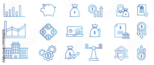 Business and finance icon set in outline style with blue gradient. Isolated on white background.