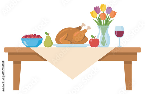 Table set with delicious food and drinks, including a roasted turkey, fresh fruits, and wine, ready for a festive holiday celebration.