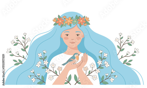 Gentle woman with blue hair and flowers cradles a small bird in her hands, symbolizing peace and connection with nature.