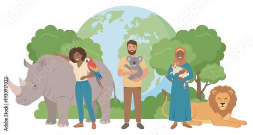 Diverse people and various animals stand together, symbolizing global wildlife conservation, environmental protection, and the importance of biodiversity.