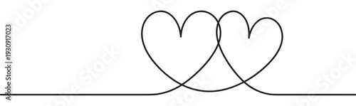 Two continuous line hearts intertwined together symbolizing endless love and connection in a minimalist black and white illustration.