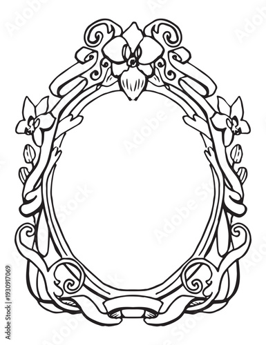 Hand drawn Art Nouveau oval frame, ornate floral mirror frame with orchid flowers, scrolls and ribbon banner, vintage decorative border, line art black ink isolated on white