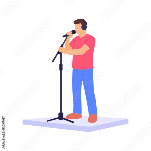 Testing Microphone, checking audio equipment before event, Flat vector character illustration