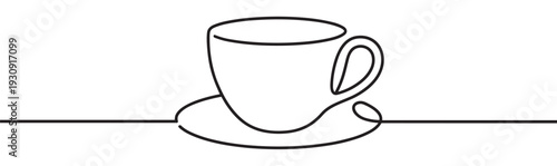 Minimalist continuous line drawing of a coffee cup and saucer, perfect for a modern cafe or beverage design concept.