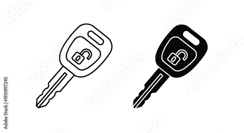 Two car key illustrations one line art and one solid silhouette