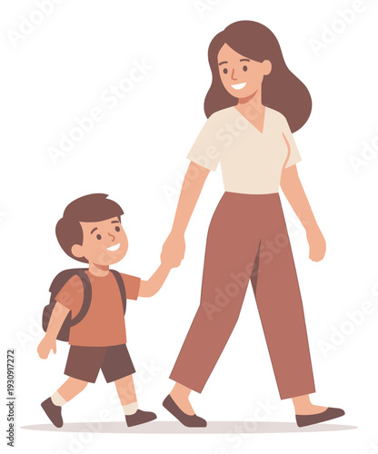 Mother and son walking hand in hand, happily heading to school or enjoying a pleasant family outing with a warm smile and cheerful demeanor.