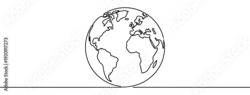 Continuous line drawing of the Earth globe with visible continents representing global connection and environmental awareness.
