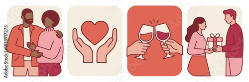 Love and relationship illustrations depict various romantic moments, including embracing couples, heartfelt gestures, celebratory toasts, and thoughtful gift-giving.