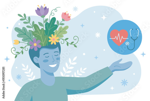 Happy man with flowers growing from his head reaching for a heart and stethoscope, symbolizing holistic well-being.