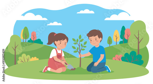 Two happy children planting a young tree together in a vibrant green park on a sunny day, promoting environmental care and sustainability.