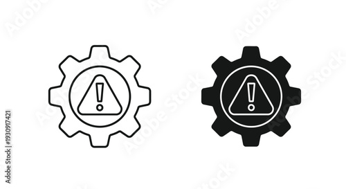 Two warning gear icons one outlined and one filled silhouette
