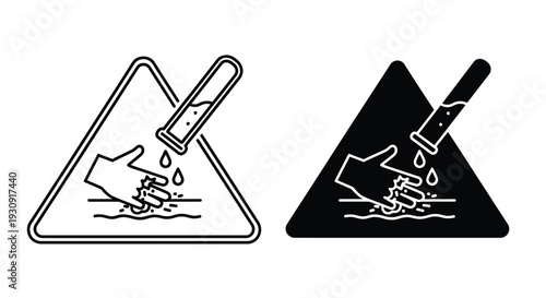 Warning sign depicting chemical splash hazard two variations silhouette