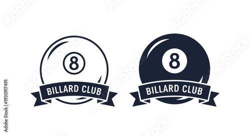 Two billiard ball emblems with ribbon banners a striking silhouette