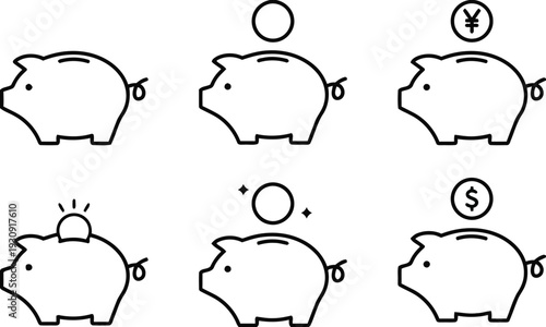 Outline piggy bank icons with coins and currency symbols for saving
