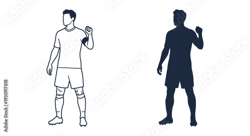Two depictions of a soccer player celebrating one a dark silhouette