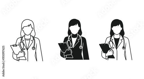 Three female doctors with stethoscopes and clipboards a graphic silhouette