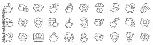 Piggy bank finance icons set depicting savings growth protection broken and lost money