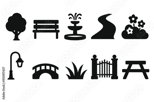 Park icons including tree bench fountain bridge and gate for outdoor scenes