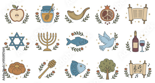 Jewish holiday symbols collection featuring traditional elements for various religious celebrations and cultural events.