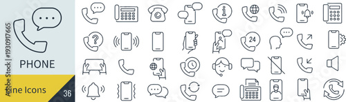 Phone and communication line icon set containing contact and support symbols