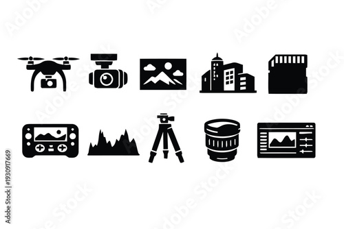 Photography and videography equipment icons set including drone camera and editing software