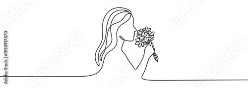 Beautiful woman smells fresh flowers in a minimalist continuous line drawing style, embodying elegance and natural beauty.