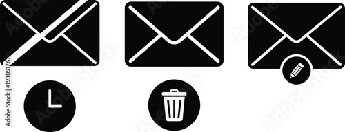 Vector collection of black mail icons featuring email envelopes with administrative symbols for message management including trash delete, compose edit, and scheduled timer clock functions.