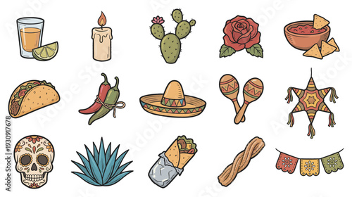 Mexican cultural and food items collection in cartoon style showcasing traditional symbols and delicious cuisine for festive celebrations.