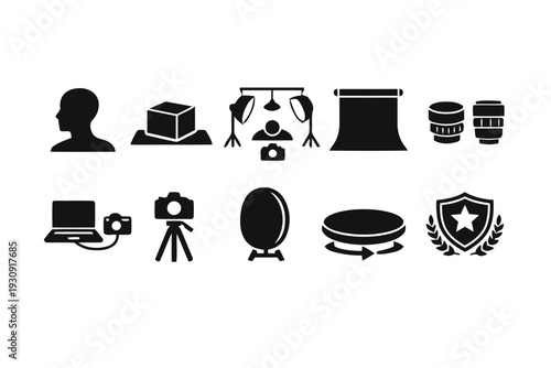 Photography studio equipment and elements icons for visual creation